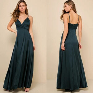 Lulu's Ode To Love Emerald Green Satin Maxi Dress Wedding Guest Bridesmaid